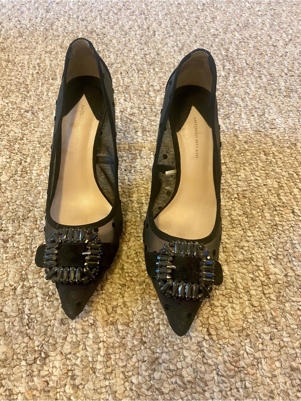 ANTONIO MELANI Black Pointed-Toe Heels with Jeweled Buckle | Like New